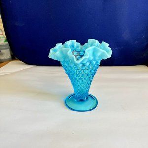 Fenton Blue Opalescent Hobnail Glass Fluted Cone Shaped Crimped Vase